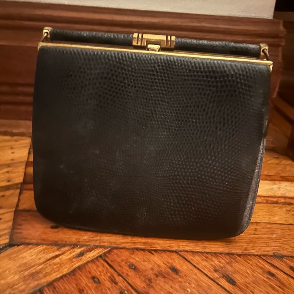 Vintage Black Leather Clutch with Gold Hardware